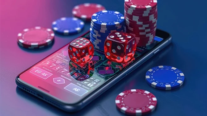 Mobile phone, casino chips and dices