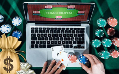 Online poker on the Mac book screen.